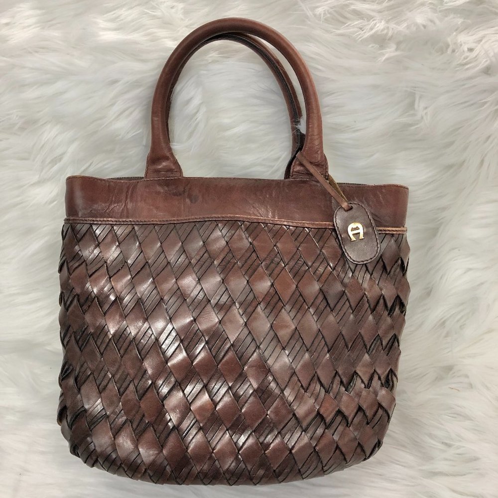 Aigner Leather Lattice Weave Bucket Bag